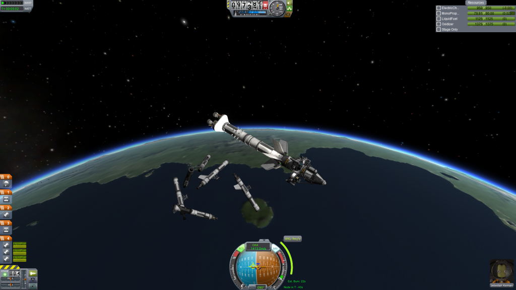 Jebediah casts off a mess of liquid-fuel boosters. 