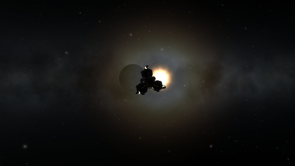 Jeb approaches the dark side of the Mun. He seriously considers writing an album. 