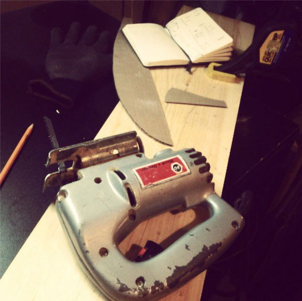 Plank, Moleskine, and father-in-law's jigsaw. 