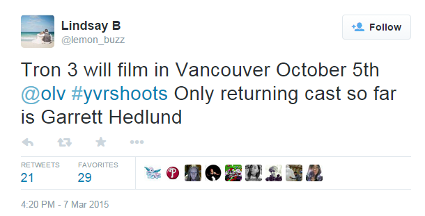 Tron 3 will film in Vancouver October 5th @olv #yvrshoots Only returning cast so far is Garrett Hedlund